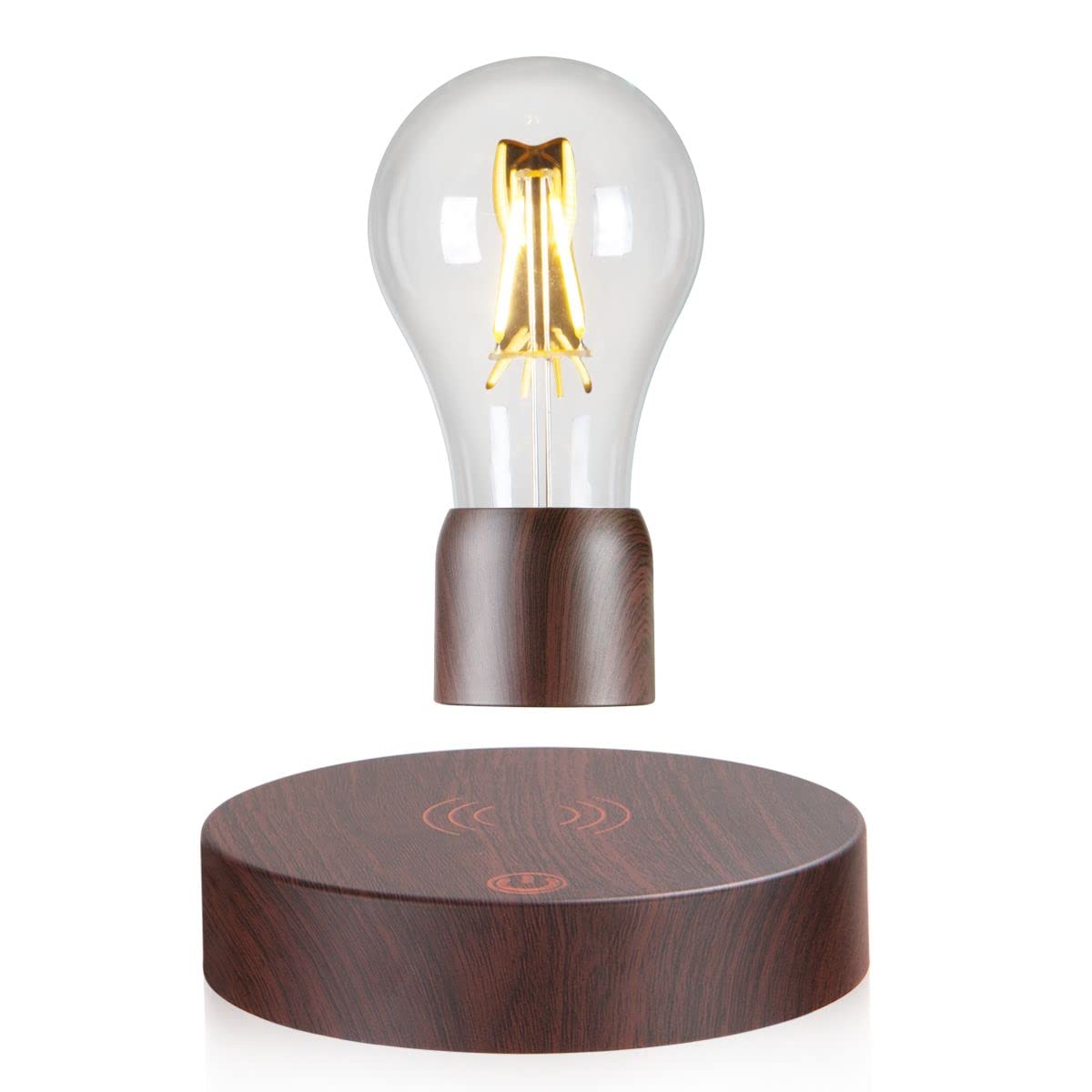 VGAzer Magnetic Levitating LED Light Bulb Desk Lamp, Round Wooden Base, Deep Brown Color, Model B07926F64D01