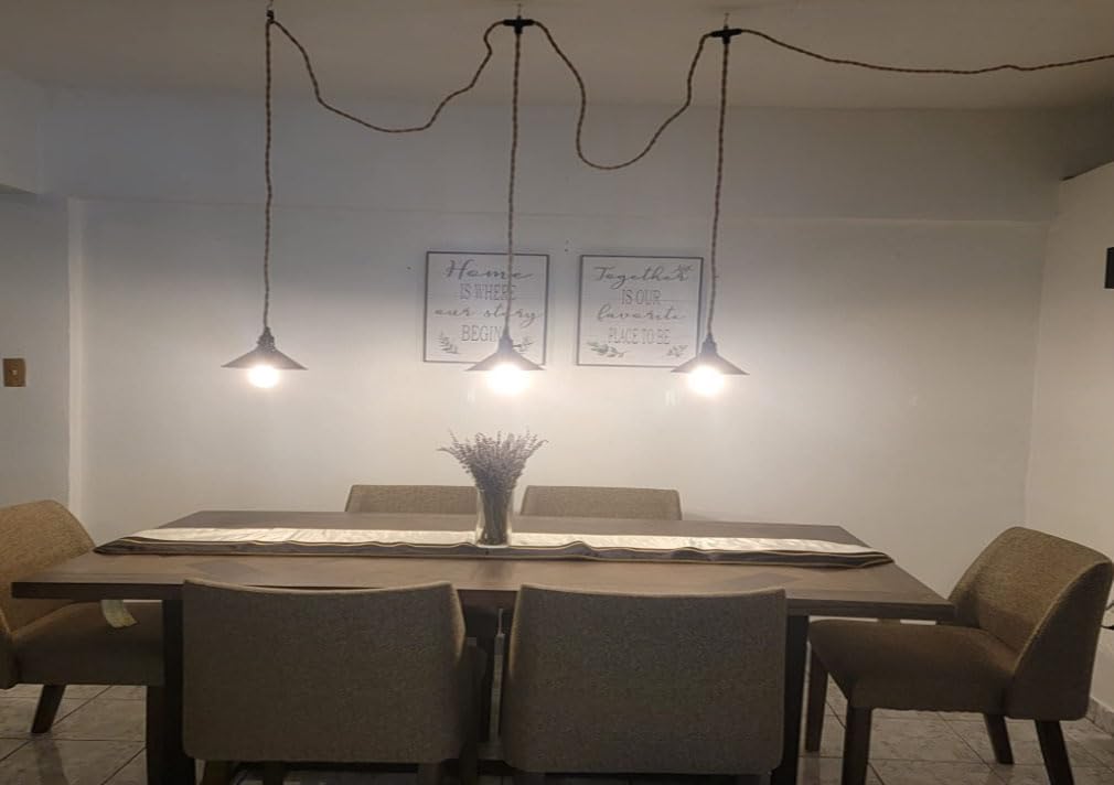 Kenmi Triple Pendant Light With Plug In Pendant Light,22Ft Industrial Hanging Lamp With Twisted Hemp Rope Independent Triple Swi