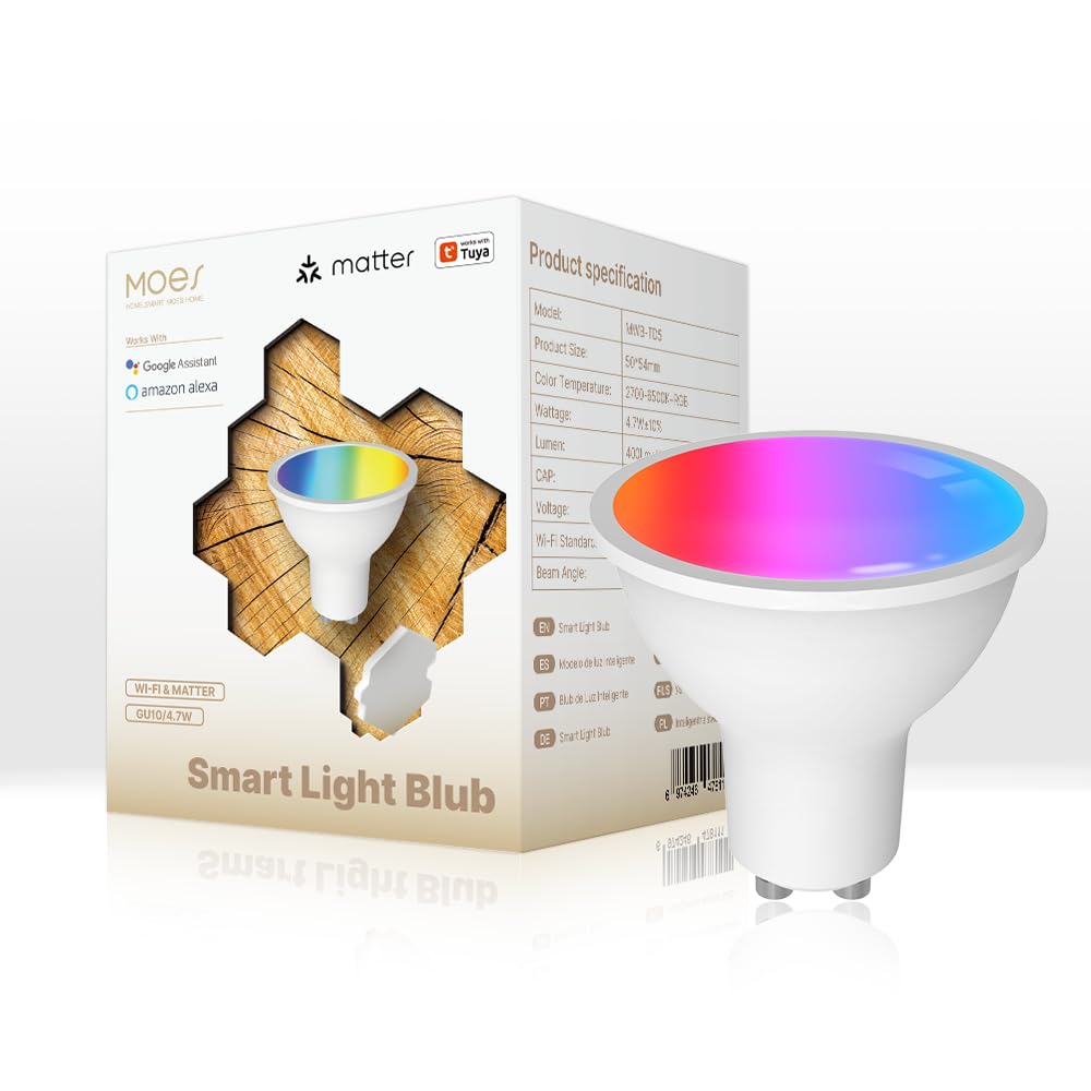 Moes Matter Smart Gu10 Led Light Bulbs, Color Changing Wifi Smart Bulbs, 2700K-6500K Cw& Rgb Dimmable, Smart Life Remote Control