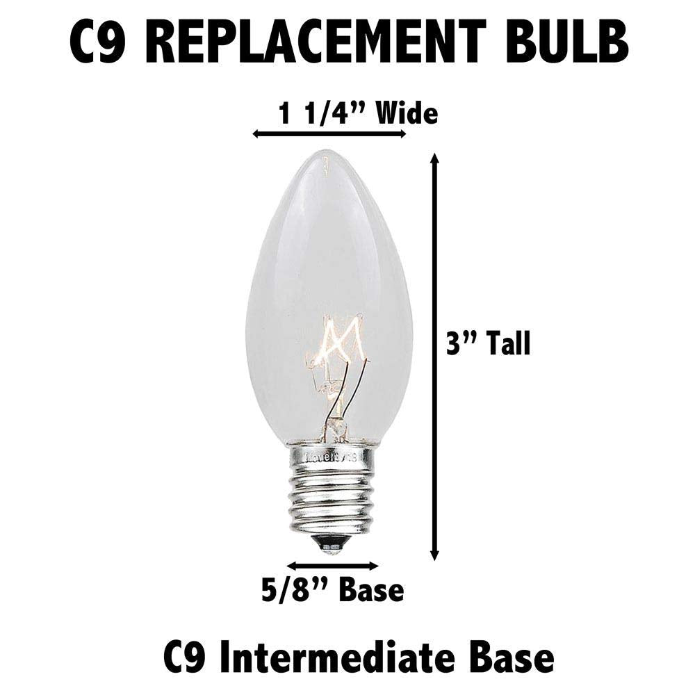 Novelty Lights 5 Pack C9 Outdoor Christmas Replacement Bulbs, Red, E17/C9 Intermediate Base, 7 Watt