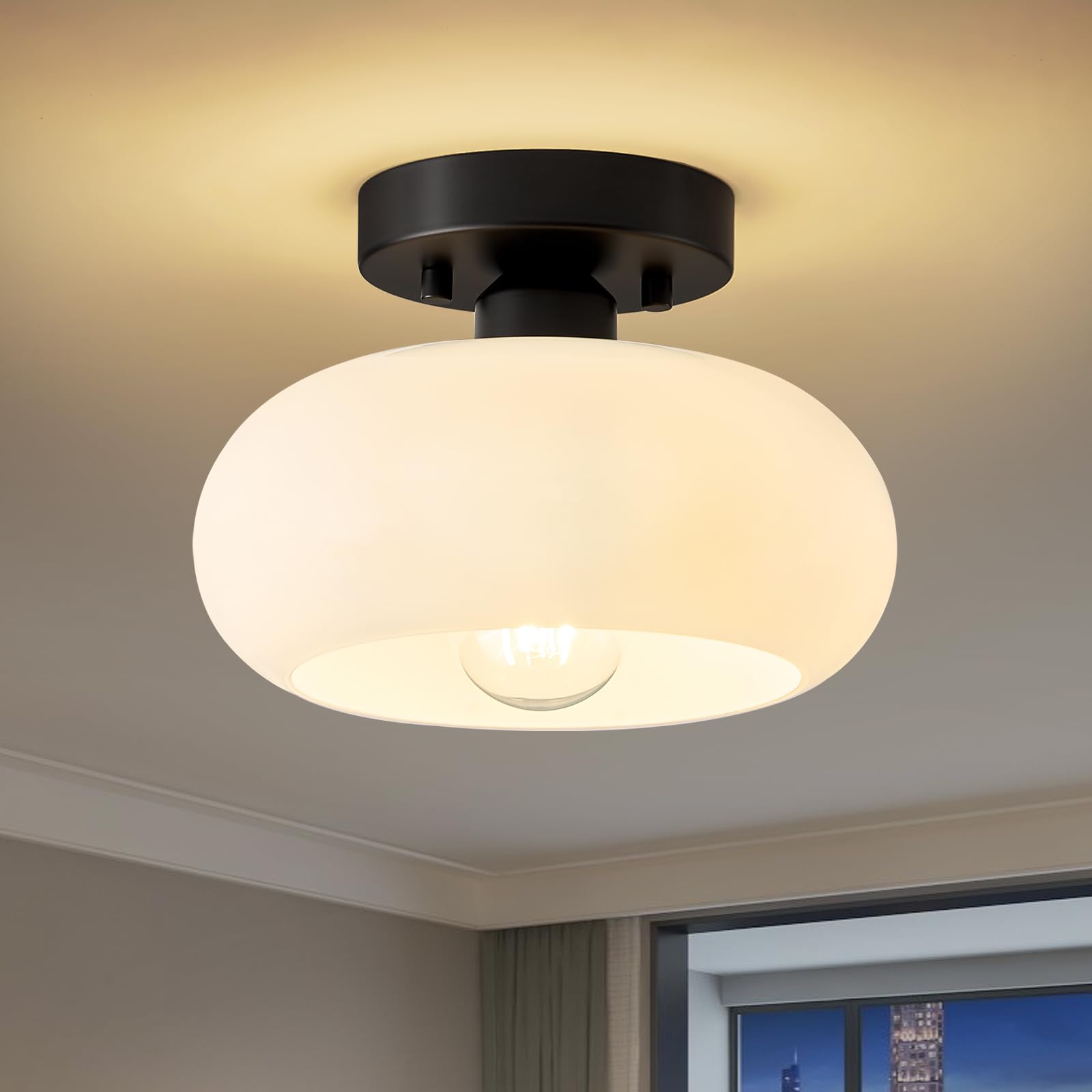 WOKNOS Mid-Century Modern Semi Flush Mount Ceiling Light, Metal Kitchen Light Fixture with Glass Shade,Vintage White and Black C