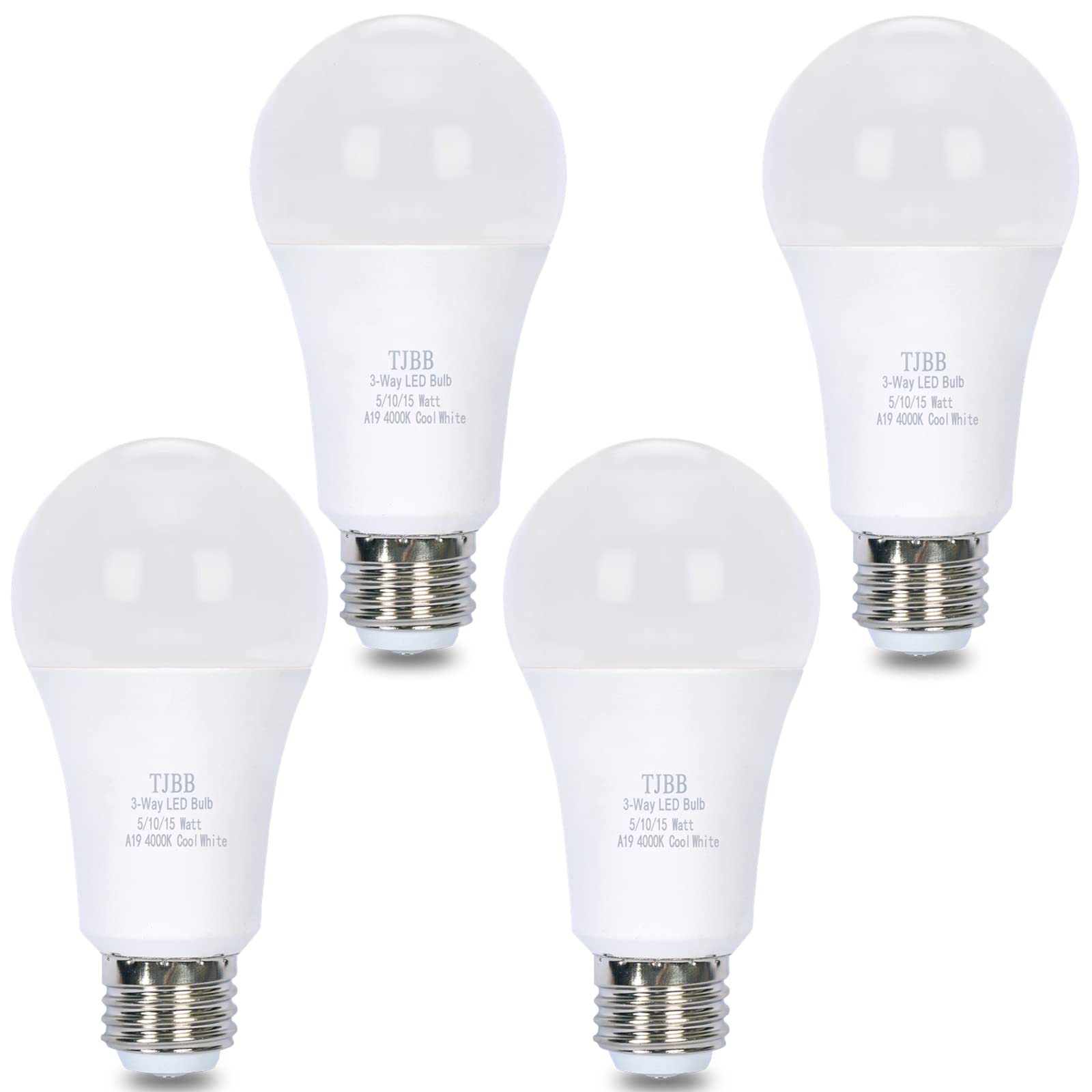 4 Pack A19 E26 3-Way LED Light Bulbs  5W=50W / 10W=100W / 15W=150W Equivalent  4000K Cool White  700/1400/2100 Lumens  Three Way Energy Saving Bulbs Non-Dimmable