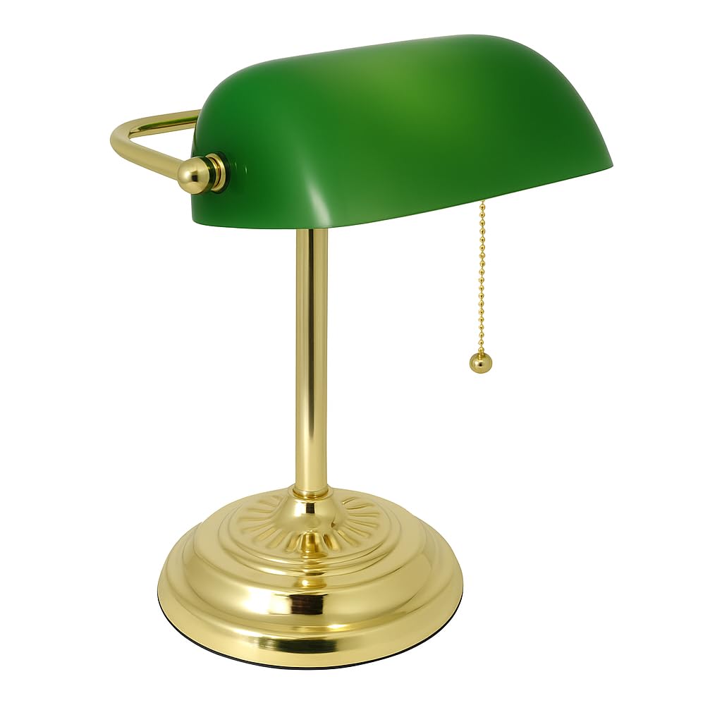 LIGHTACCENTS Traditional Bankers Desk Lamp with Green Glass Shade and Brass Base - Classic Desk Lamp with Pull Chain, Office Lig