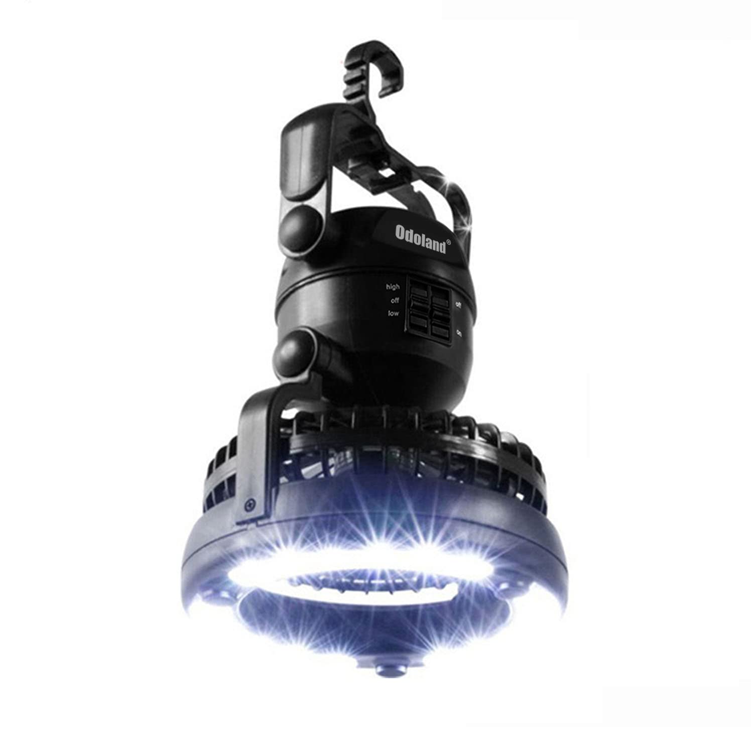 Odoland Portable LED Camping Lantern with Ceiling Fan - Black, 7x6x6 - Ideal for Hurricane Emergencies and Outdoor Activities
