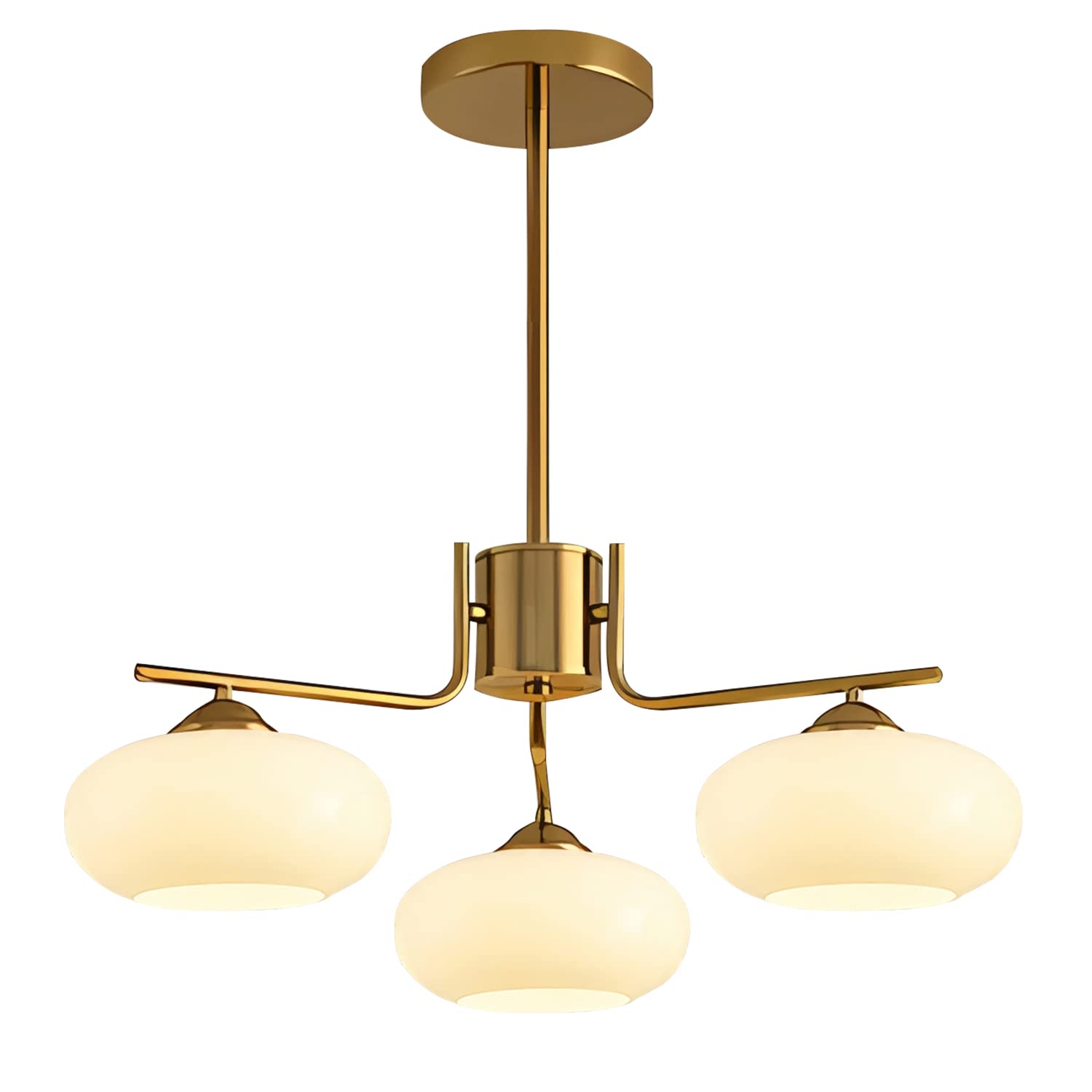 KCO Lighting Mid Century Modern Pendant Light 3-Light Metal Chandelier Brushed Brass White Globe Fixture L1127-3-Head