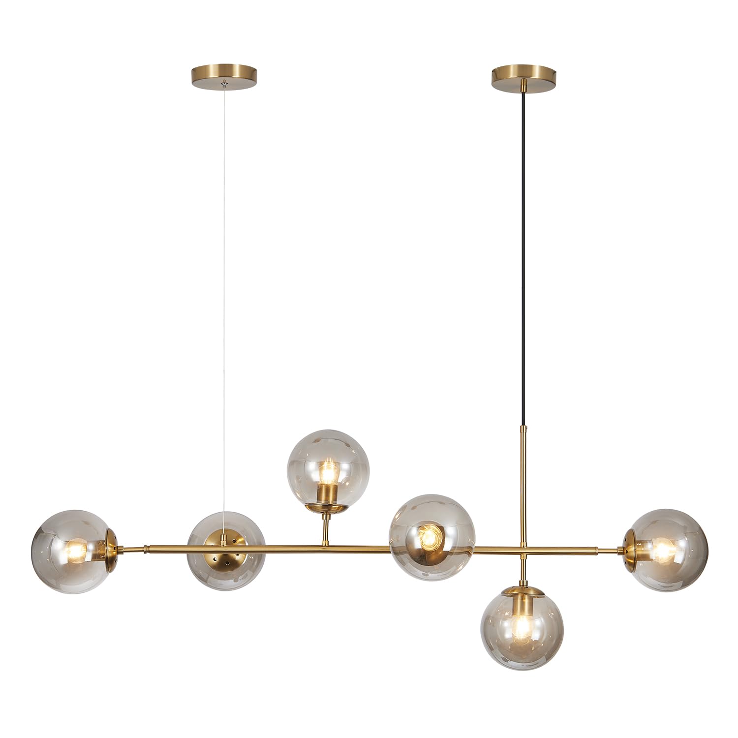KCO Modern Globe Sputnik Chandelier, 6-Light Gold Pendant, Smoke Gray Glass, Mid Century Style, Model L1039