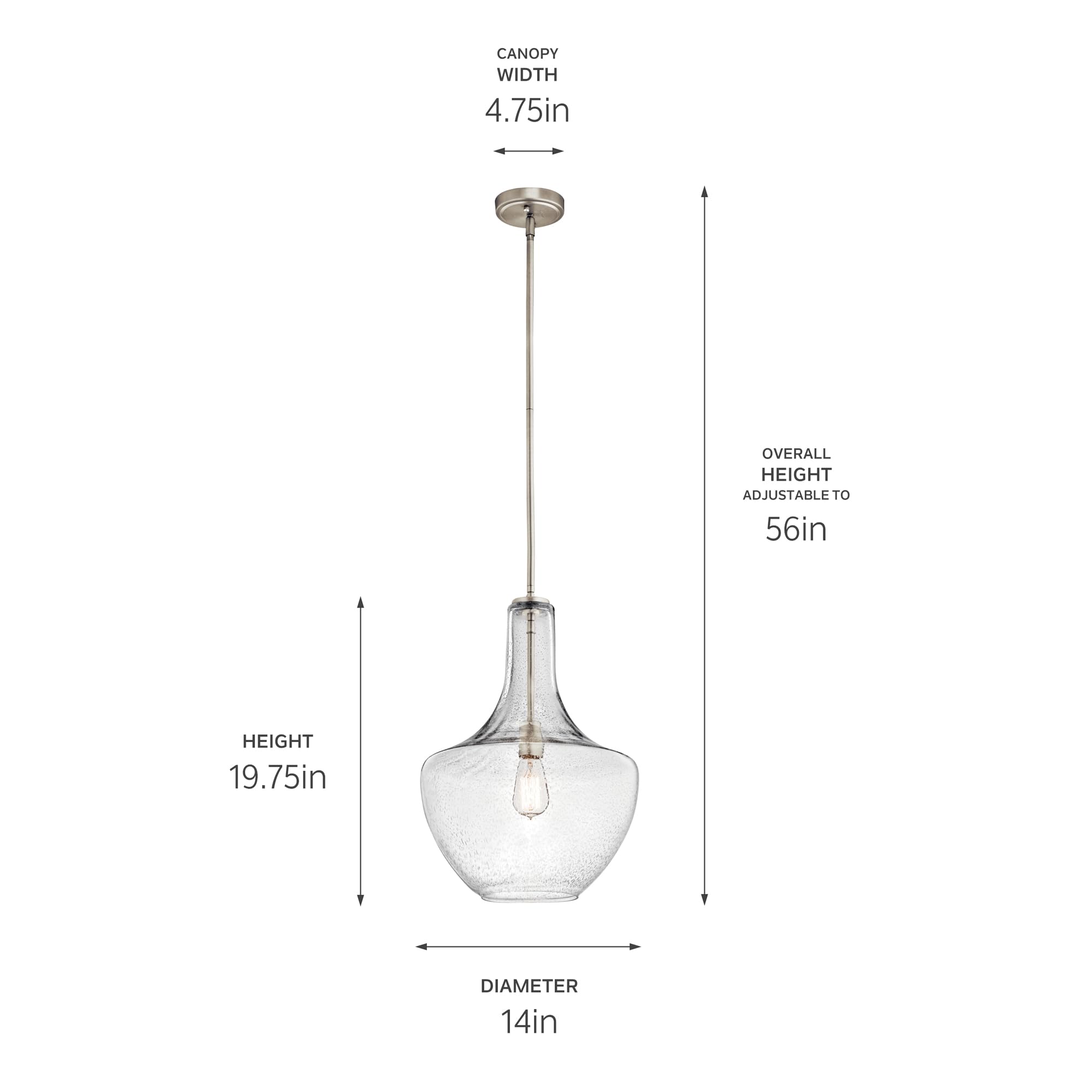 Everly 19.75 1-Light Bell Pendant With Clear Glass In Brushed Nickel, For Kitchen Island, Dining Nook, Bedroom, (19.75 X 13.75)