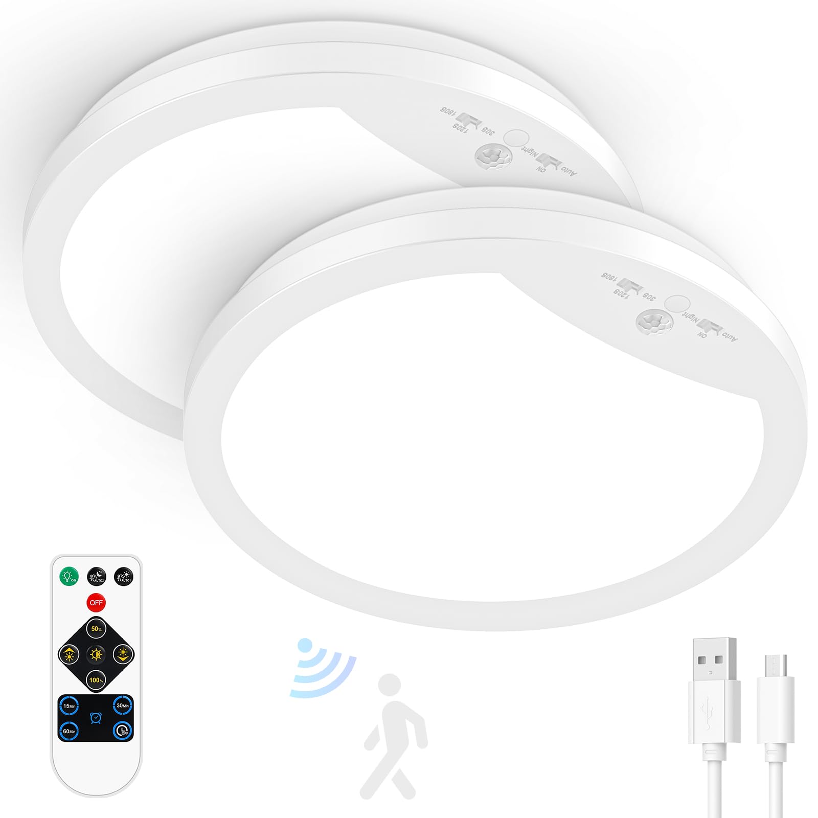 2-Pack Battery Operated Ceiling Lights, Motion Sensor Rechargeable Wireless LED Ceiling Light with Remote, 9 Inch Dimmable Indoo