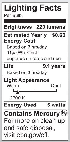 Satco S7311 5-Watt Candelabra Base Torpedo, 2700K, 120V, Equivalent To 25-Watt Incandescent Lamp, Soft White
