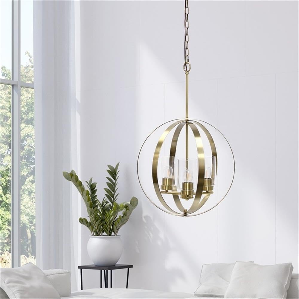 LALIA HOME 3-Light Adjustable Ceiling Pendant, Iron & Glass, 18inx18inx64in, Antique Brass, Model 1270-LHP-3010-AB