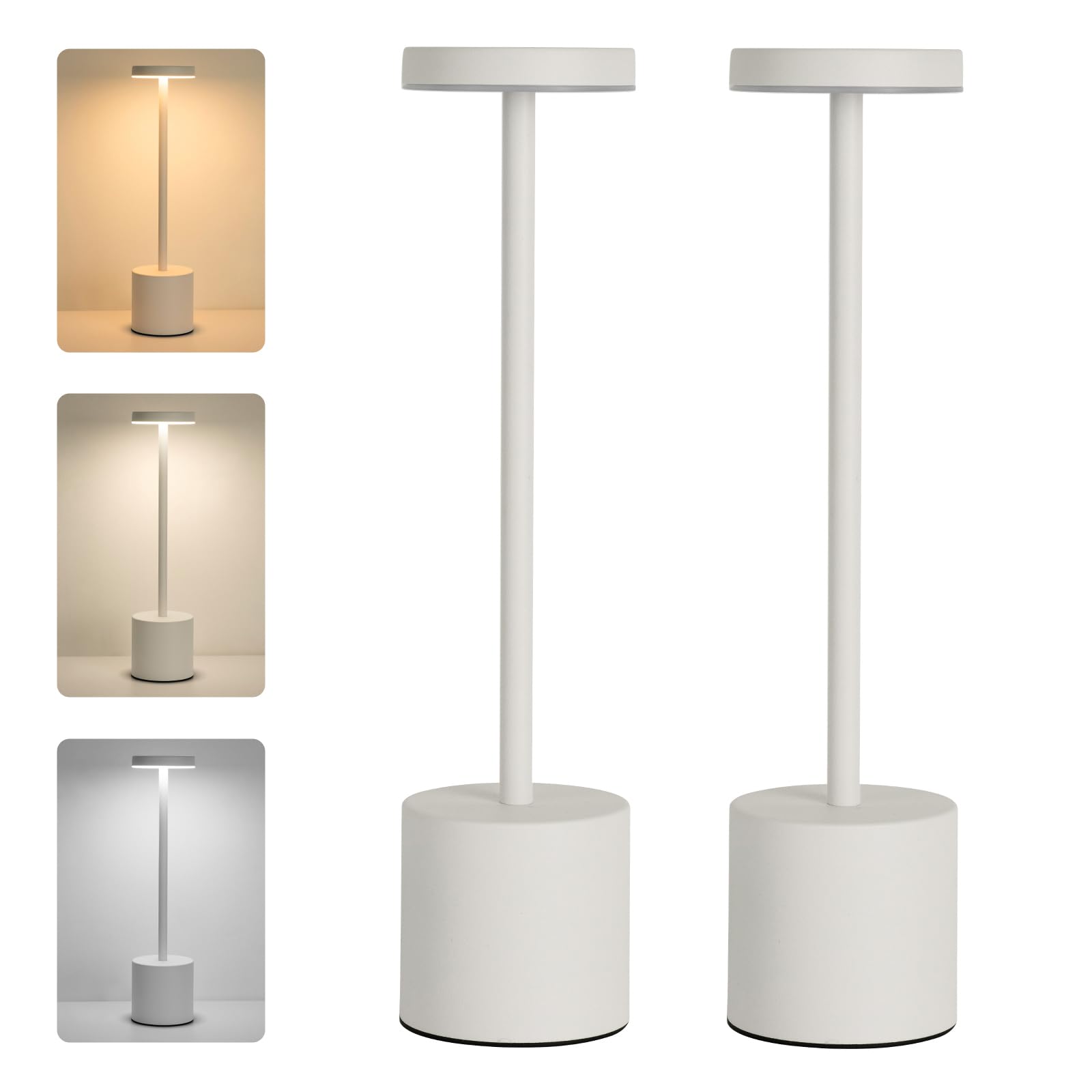 ZOOPEEN LED Cordless Rechargeable Table Lamp, 5200mAH Battery, Touch 3 Color Dimming, 2 Pack, Metal, White, Model TL2W