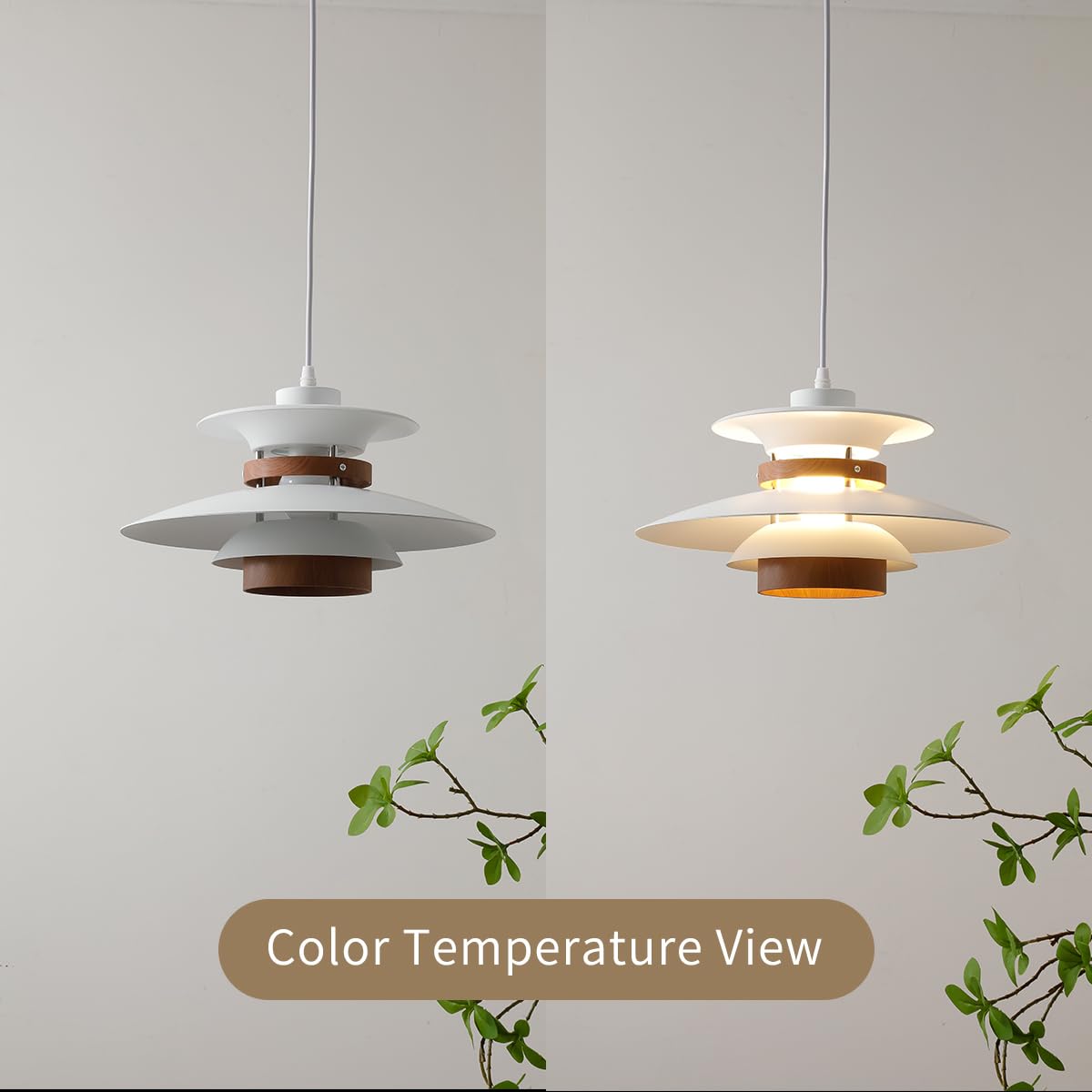 EFINEHOME Modern Adjustable Pendant Lamp, 35cm Aluminum & Wood, E26 Base, White & Dark Wood Grain for Kitchen Island & Dining Room