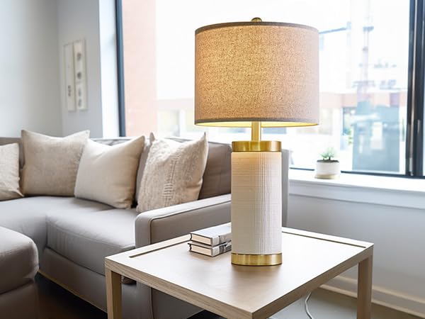 Usumkky 24.5" Modern Ceramic White Single Bedside Lamp For Bedroom Decor Farmhouse Table Lamp For Living Room Office Dorm