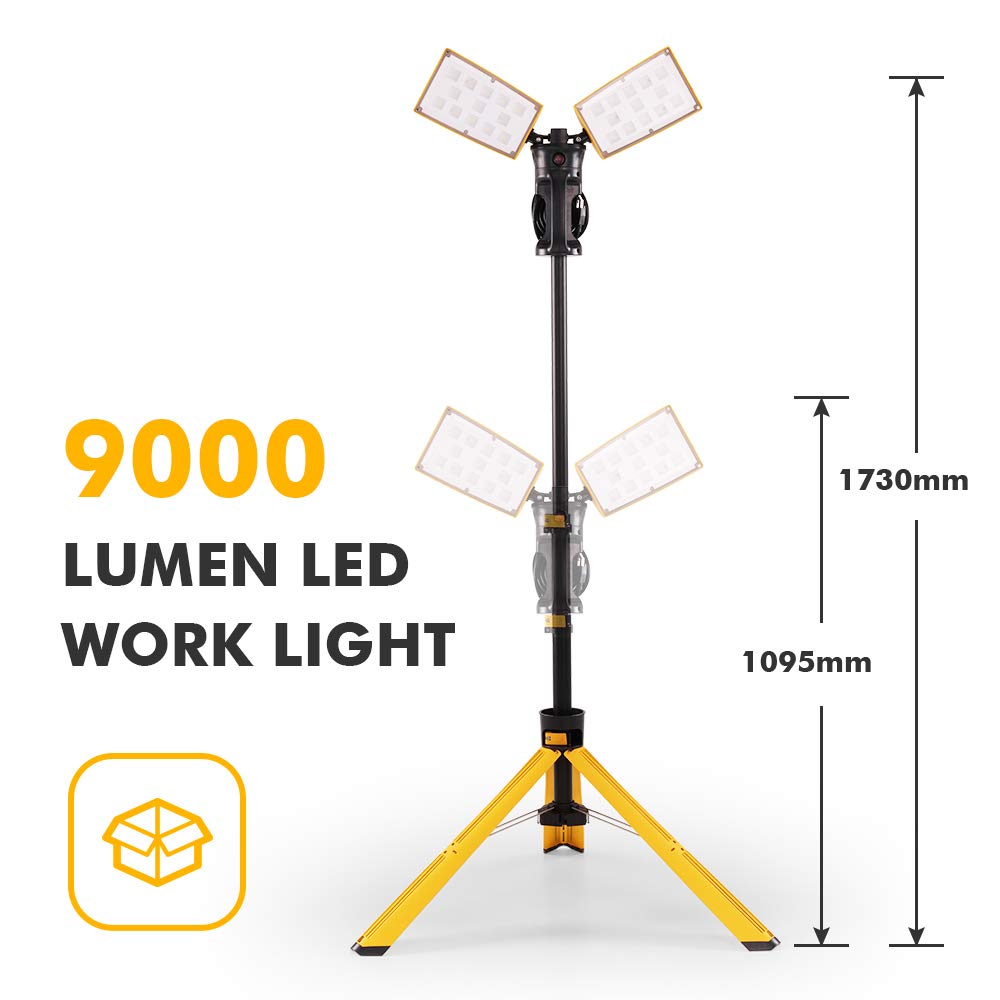 Lutec ?Upgraded? 6290Pro 9000 Lumen 90 Watt Dual-Head Led Work Light With Telescoping Tripod, Work Light With Stand Rotating Waterproof Lamps And 8 Ft 3-Prong Power Cord