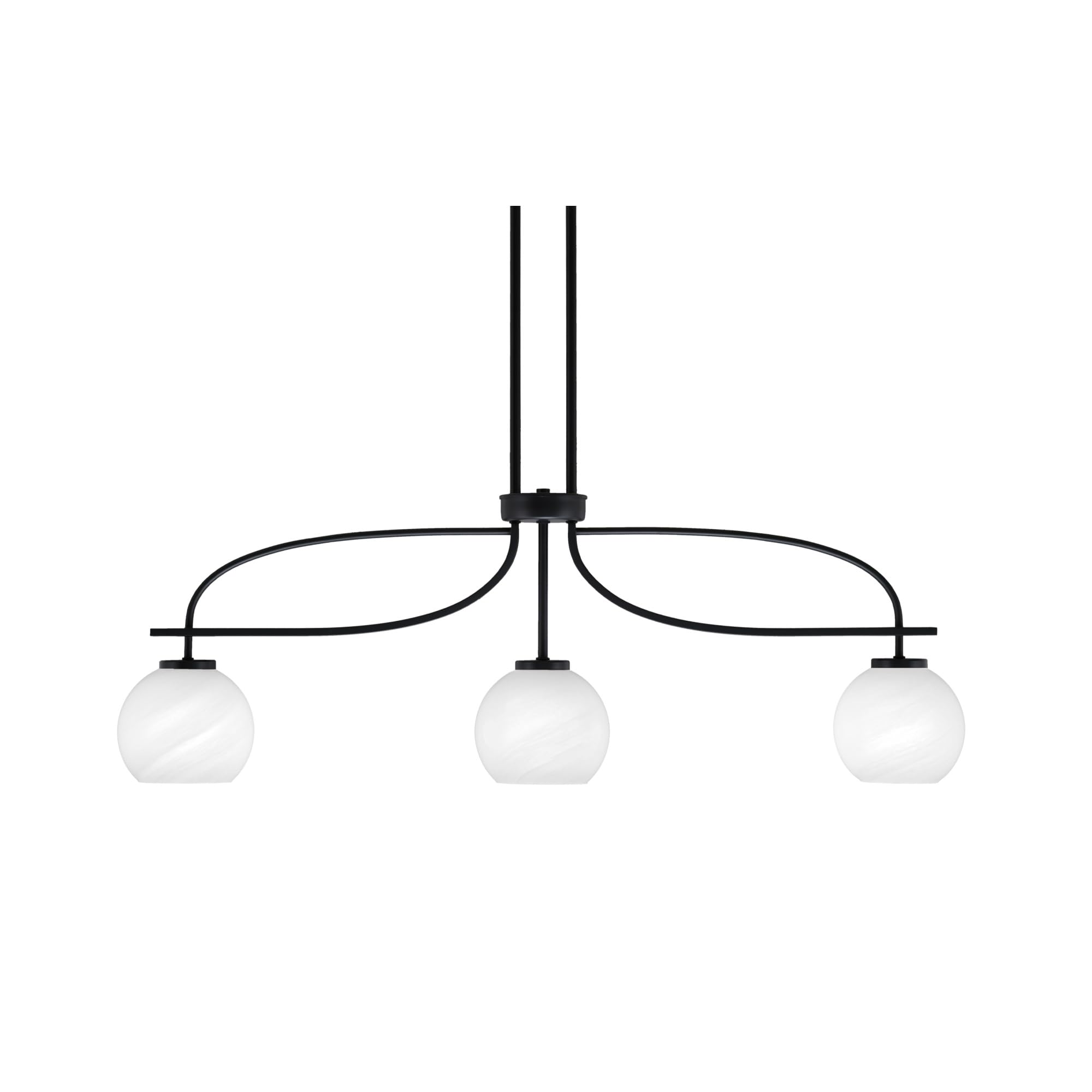 Cavella 3 Light Island Light Shown in Matte Black Finish with 5.75&quot; White Marble Glass