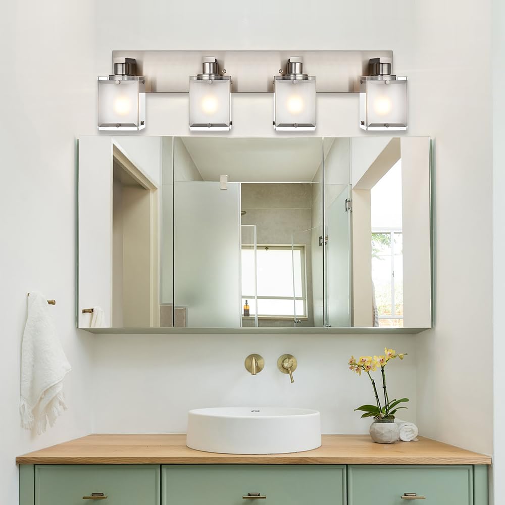 WINSHEN 4-Lights Bathroom Light Fixture, Brushed Nickel Vanity Lighting with Frosted Glass, Model 4WSN-XOTFZO