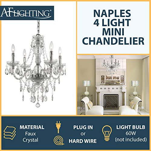 AF Lighting Naples 4-Light Chandelier, Chrome Finish, Clear Faux Crystals, Model 8350-4H