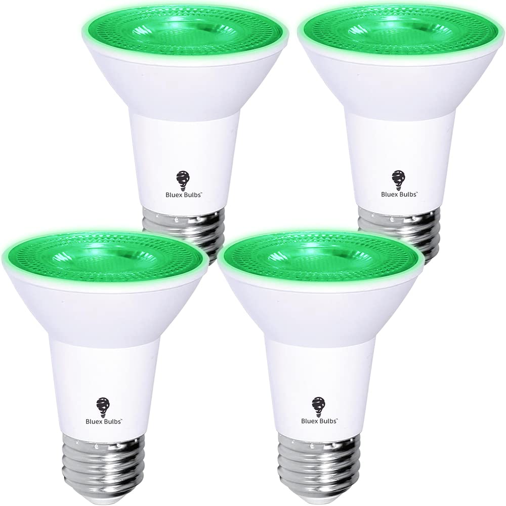4 Pack Bluex Led Par20 Flood Green Light Bulb - 8W (65Watt Equivalent) - Damp Rated Dimmable - E26 Base Green Led Lights, Party