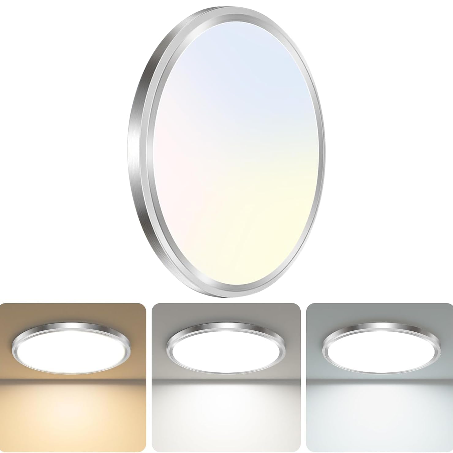 zemty LED Ceiling Light Fixture, 12W 1200lm, 6.5in, Brushed Nickel, Adjustable 3000K-6500K, Model CLS16A-NK