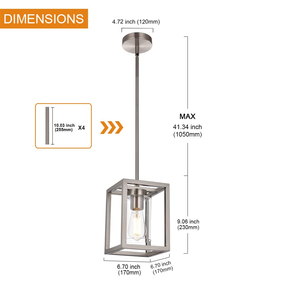 VINLUZ Brushed Nickel One Light Chandelier Pendant Fixture, Modern Kitchen Lighting with Clear Glass Shade, Model 1811-1-SN