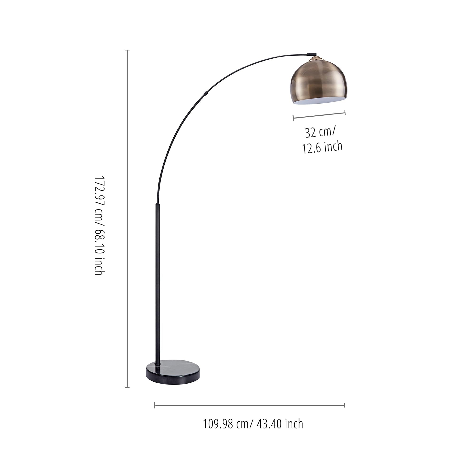 Teamson Home Arc Floor Lamp, 68.1in Metal, Antique Brass Shade, Black Marble Base, Model VN-L00010AB