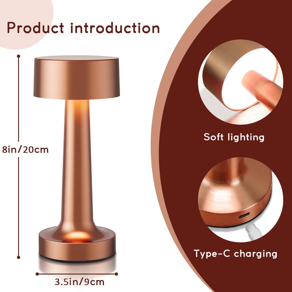 Hpufkot Portable Led Table Lamp, 3-Levels Brightness Metal Desk Lamp,3 Color Touch Control Rechargeable Lamp, Ideal Bedside Lamp