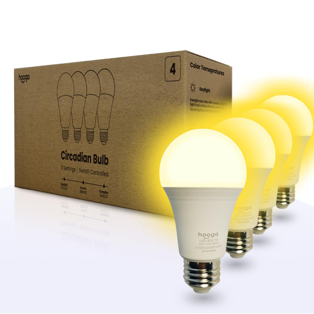 hooga Circadian Rhythm Full Spectrum LED Light Bulb - 2700K, 2100K, 1400K, Flicker-Free, Blue Light Free Night Mode, 7W Energy E