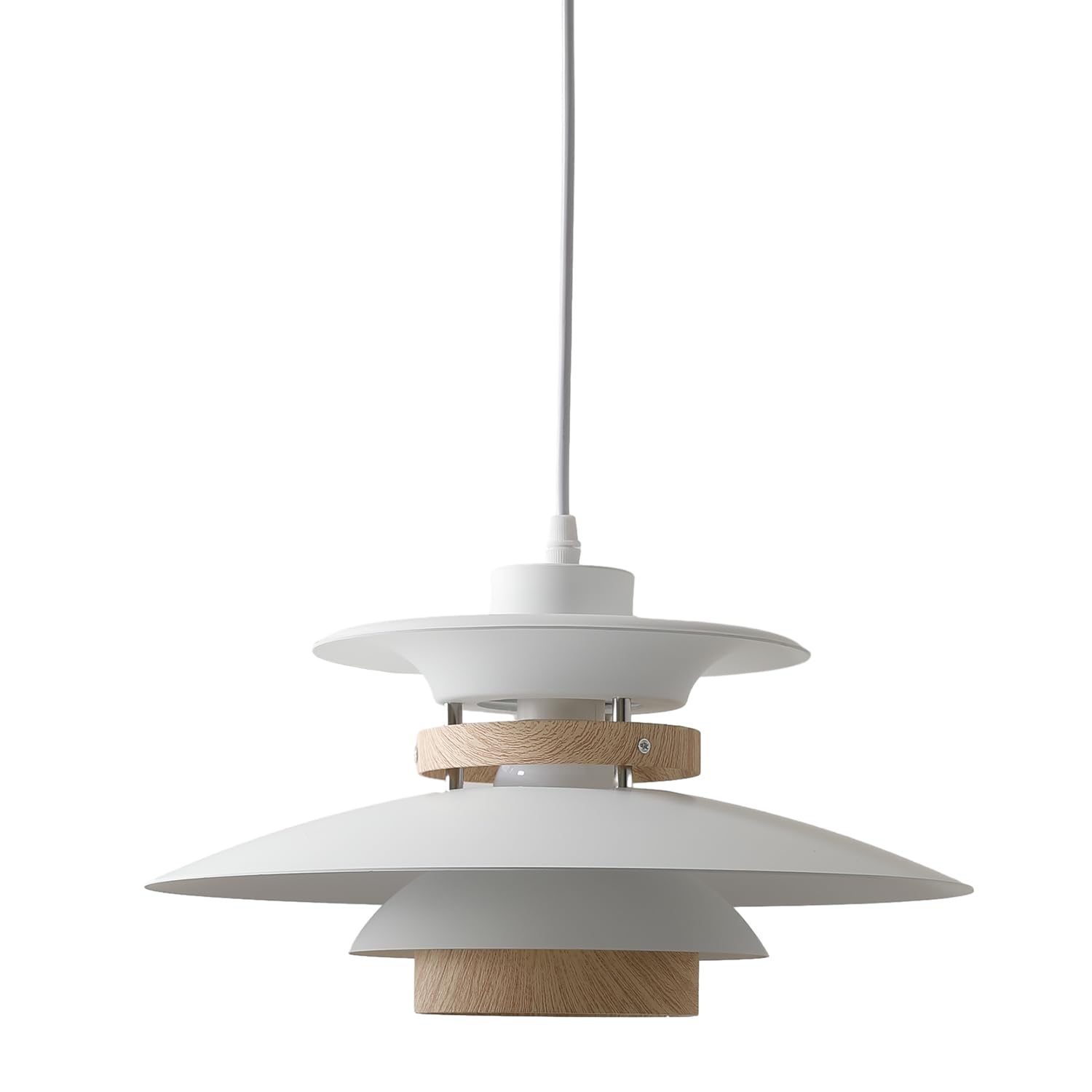 EFINEHOME Adjustable Pendant Lamp, Aluminum and Wood Finish, 1-Light E26 Base, 40cm, White+Light Wood Grain, Model EFLM22385H