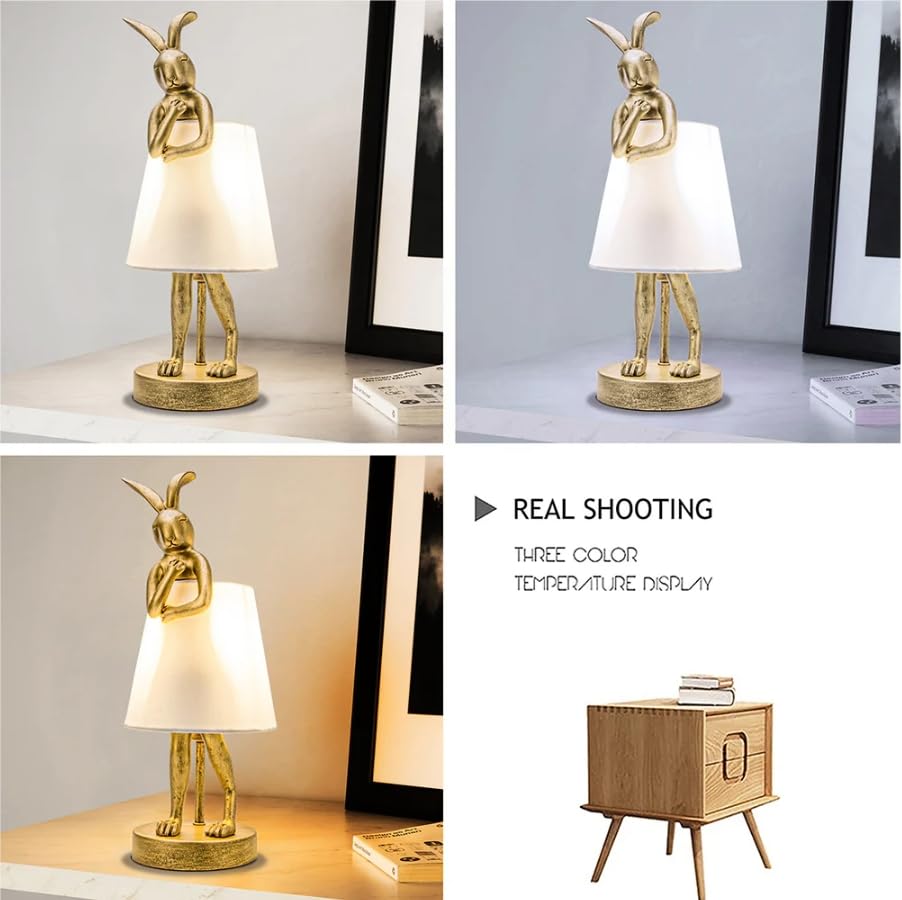 Yht Bunny Table Lamp,Cute Animal Rabbit Lamp,15.7'' Vintage Led Desk Light With Linen Lampshade,Gold Main Part Beside Lamp For B