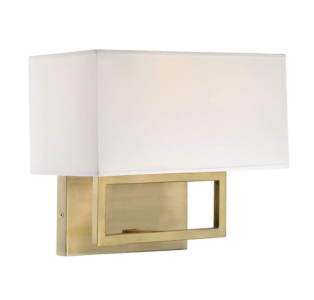 TRADE WINDS LIGHTING TW021924NB 2-Light White Fabric Shade Wall Sconce Light, 60 Watts, in Natural Brass