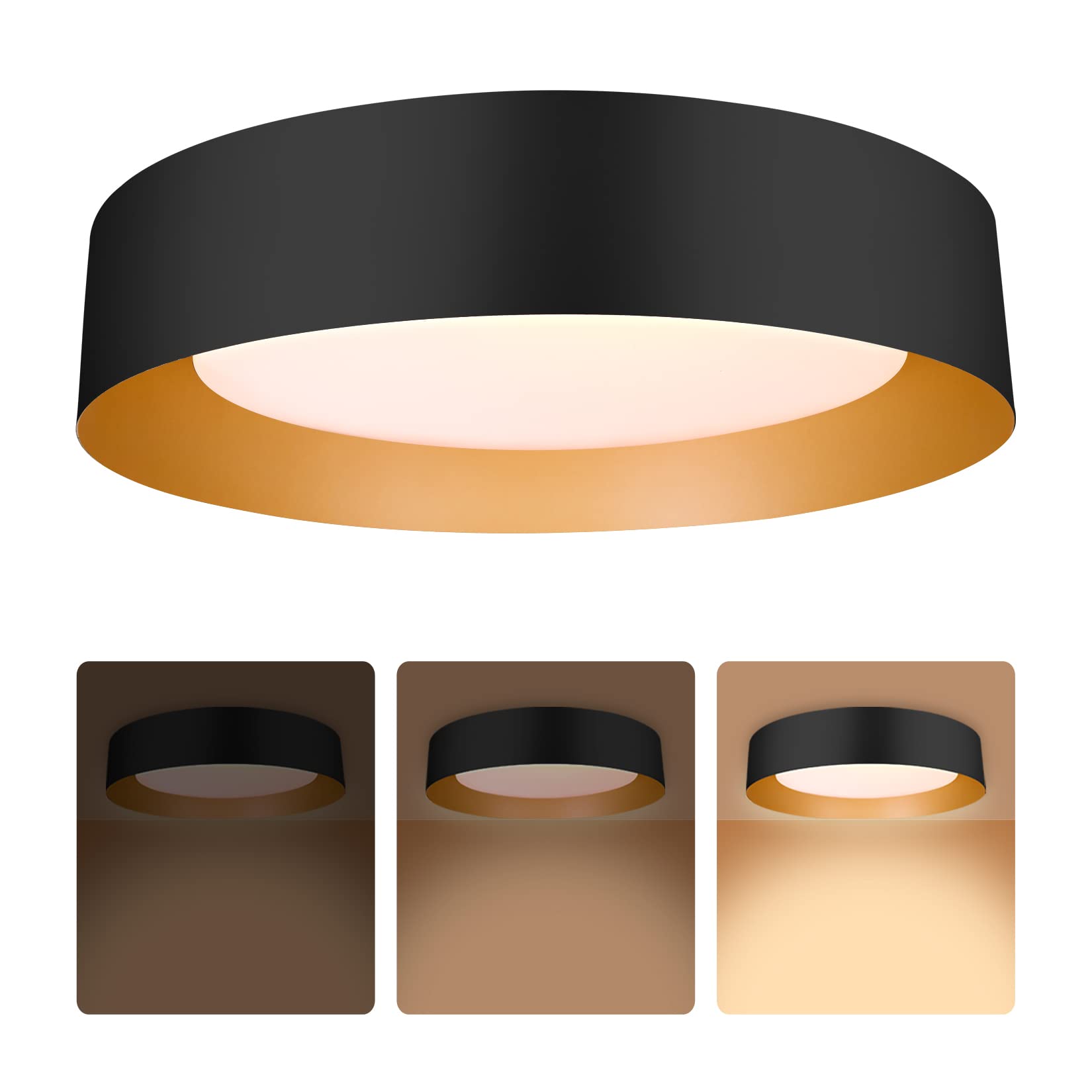 Bargeni 16.5 inch LED Ceiling Light Fixture,Dimmable Flush Mount Ceiling Light Matte Black with Gold Inside,3000K/Warm White/30W