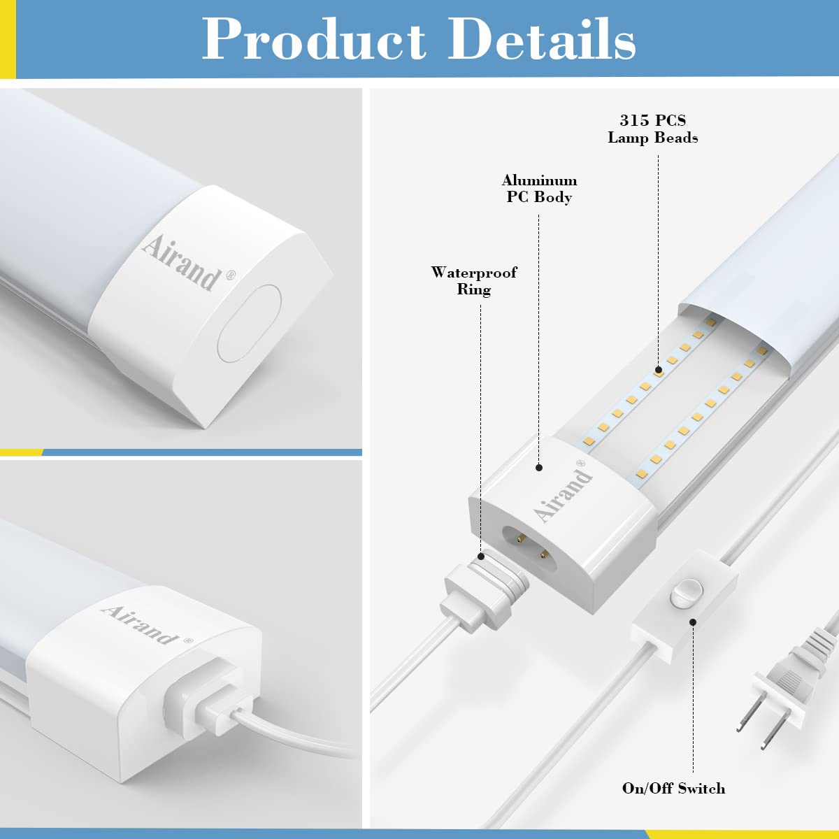 Plug In Ceiling Light, 5Ft Led Shop Light Plug In Under Cabinet Lighting Fixture With Plug In Cord 5000K Water-Proof Workbench L