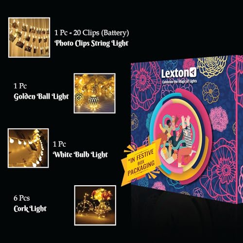Lexton Lights Combo of White Bulb Light 1 Pcs | 1Pcs Golden Ball Light | 1Pcs Battery Powered Photoclip Light 20 Clips & 6 Pcs C