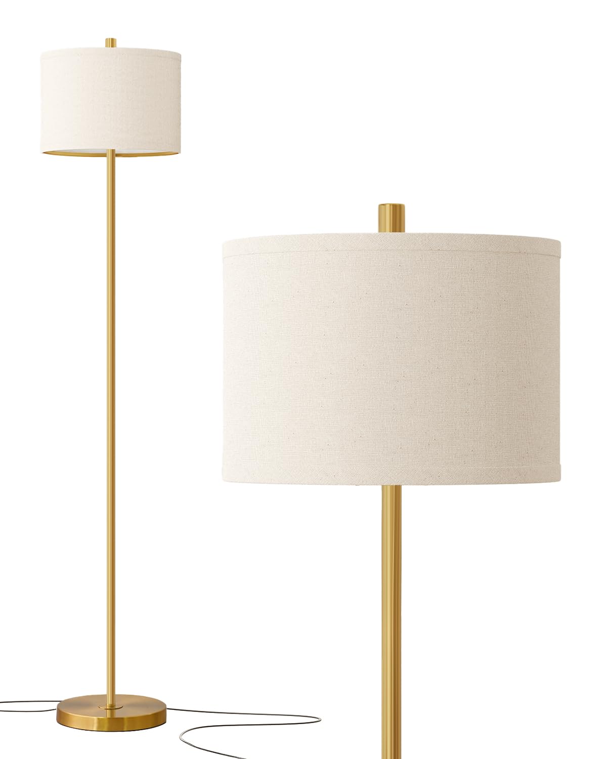 Oneach 61Modern Floor Lamp For Living Room, Gold Standing Lamp With Natural Linen Lampshade, Rustic Industrial Corner Floor Lamp