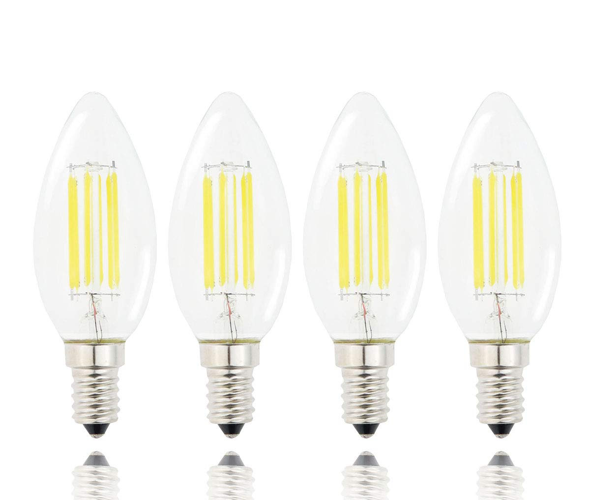 Lamsky E14 Led Filament Candle Shape Light Bulb,E14 European Base Bulb,Daylight 6000K 600Lm 60W Equivalent,C35 Clear Glass Torpedo Shape Bullet Top,No-Dimmable (4-Pack)