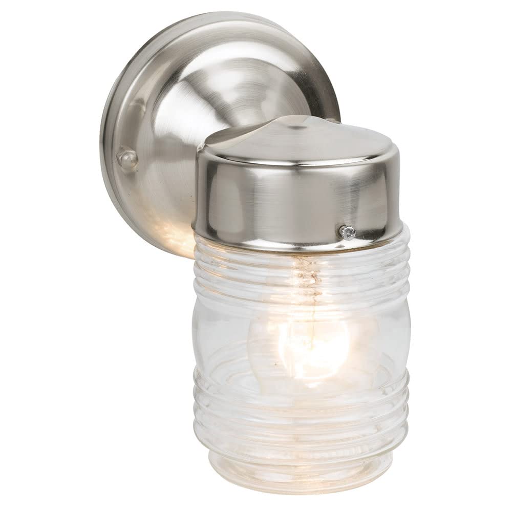 Design House 507806 Jelly Jar Classic 1-Light Indoor/Outdoor Wall Light with Clear Ribbed Glass for Entryway, Porch, Patio, Sati