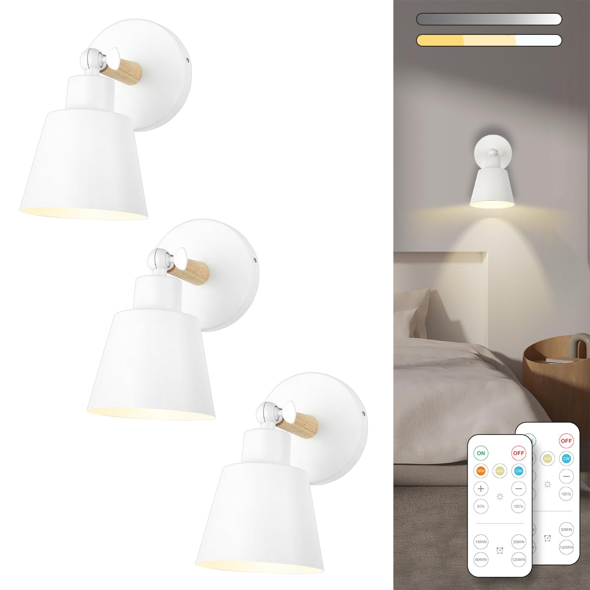 Bimean White Battery Operated Wall Sconce Set Of 3, Easy To Install Wireless Lights For Wall, Remote Control Dimmable Led Lights
