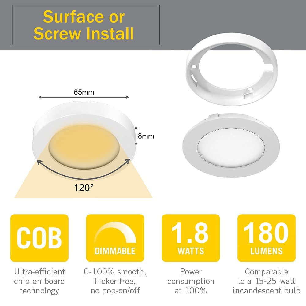 VST Under Cabinet Lighting 12V 2W Puck Light with Wireless Dimmer, White 6 Pack, 4000K, Recessed or Surface Mount