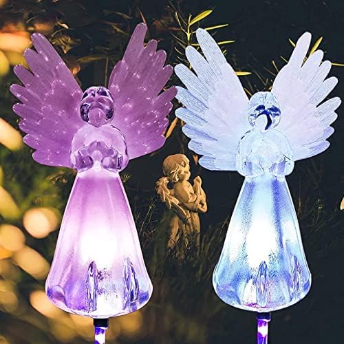2 Pack Solar Angel Lights, Solar Powered Garden Stake Lights, Multi-Color Changing Angel Decorative Lights For Cemetery Grave Yard Patio Outdoor Decoration Memorial Gifts