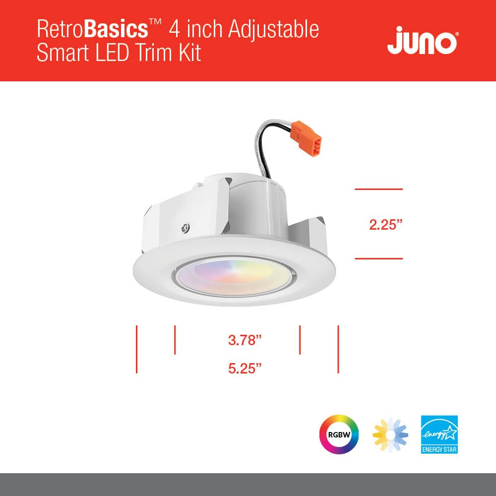 Juno 4-Inch RGBW Adjustable LED Downlight, Model RB4AC, Matte White Finish, Dynamic Color Options