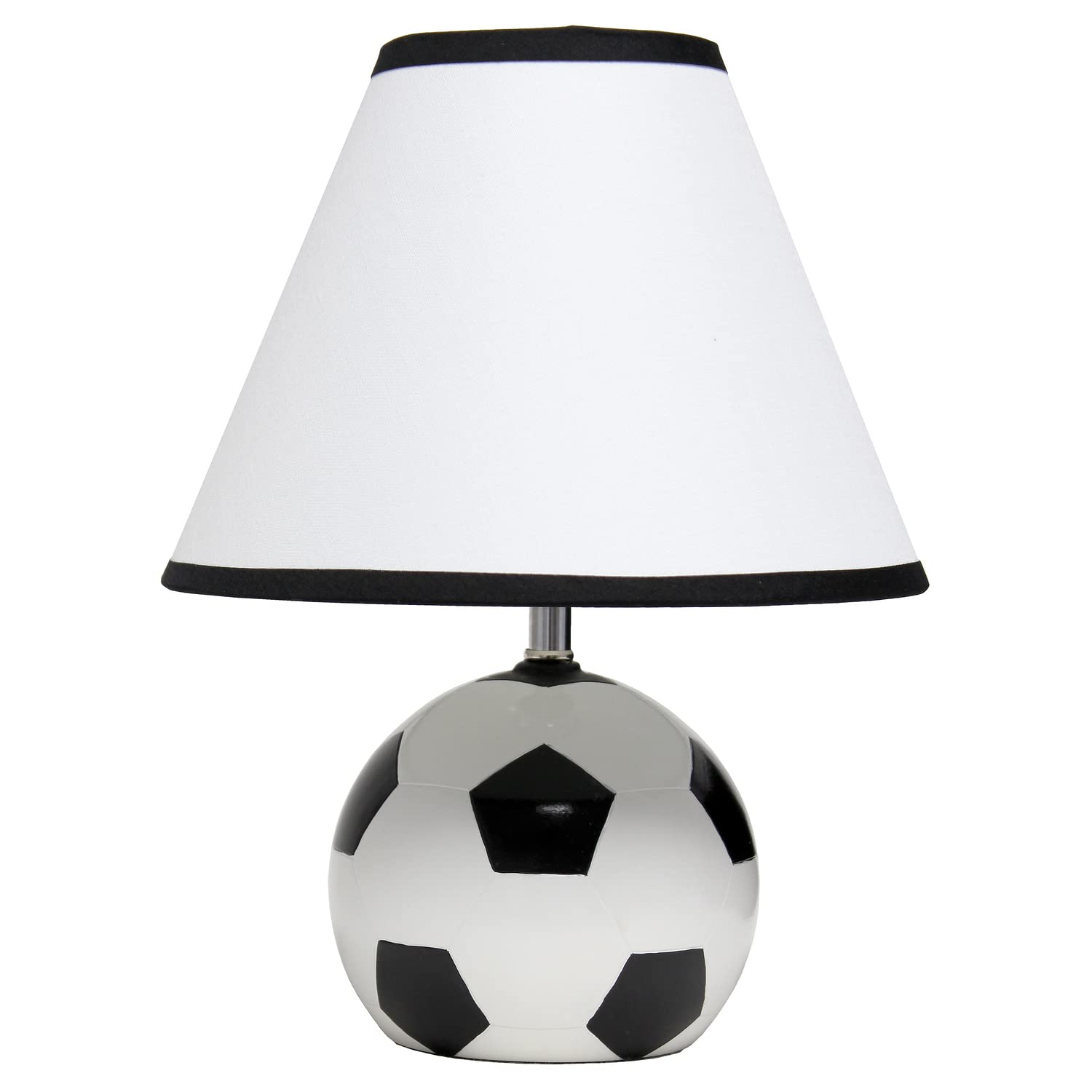 Simple Designs Lt1079-Scr Sportslite 11.5&quot; Tall Athletic Sports Soccer Ball Ceramic Bedside Table Desk Lamp W White Empire Fabric Shade W Black Trim For Kids' Room, Nursery, Bedroom,Gameroom, Mancave