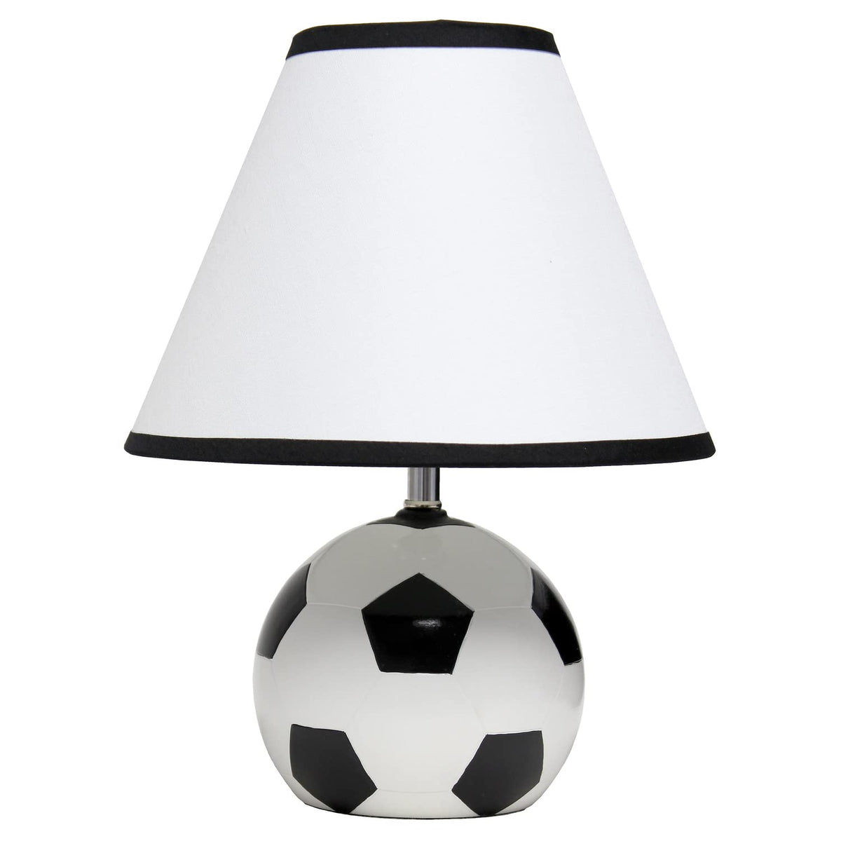 Simple Designs Lt1079-Scr Sportslite 11.5&quot; Tall Athletic Sports Soccer Ball Ceramic Bedside Table Desk Lamp W White Empire Fabric Shade W Black Trim For Kids' Room, Nursery, Bedroom,Gameroom, Mancave