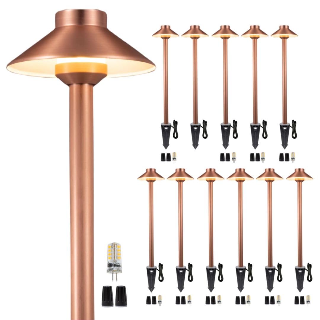 Gardenreet Waterproof Low Voltage Walkway Lights, Brass Copper Outdoor Pathway Lights, Ip65 Led Bronze Hat Top Sideway Lights For Driveway Backyard Patio With 3W 270Lm 4000K G4 Bulb 12 Pack