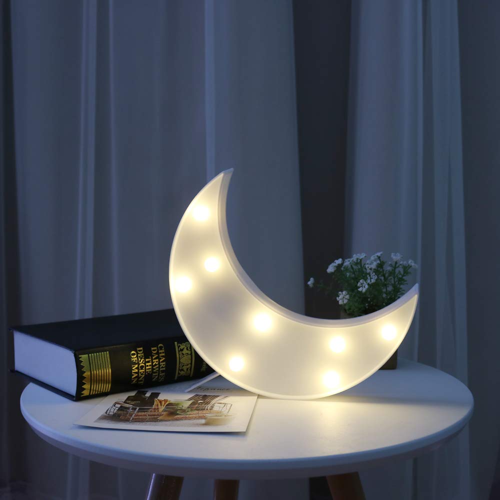 Pooqla Decorative LED Crescent Moon Marquee Sign, White, 7.08in x 9.64in x 1.10in, Model JH-MQ-34, Nursery Night Lamp