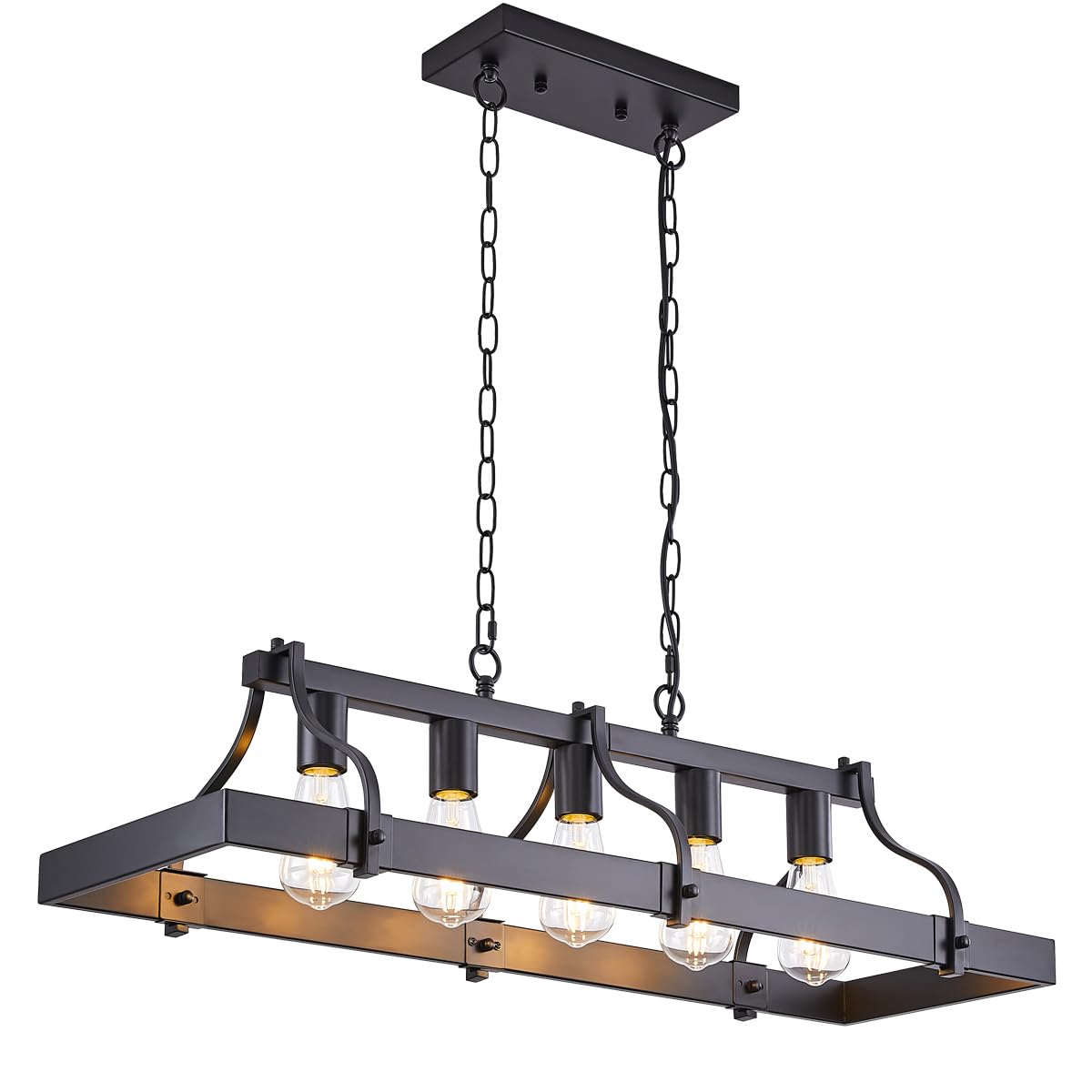 Feohak Indutstiral Black Chandeliers For Dining Room  5-Light Farmhouse Rustic Light Fixtures Over Table  Modern Linear Rectangular Kitchen Island Ceiling Pendant Lighting