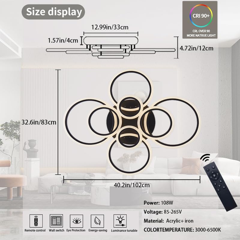 Modern Led Ceiling Light, Semi-Flush Mount With Remote Control, Dimmable Brightness (3000-6000K), 8-Ring Black Design For Living
