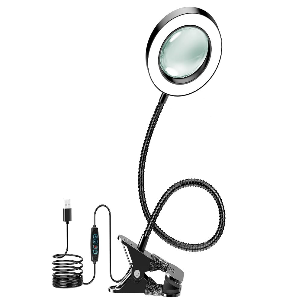 10X Magnifying Glass with Light and Timer  2 in 1 Magnifying Desk Lamp  3 Color Modes 10 Dimmable Brightness  Flexible Gooseneck Magnifier with Light for Craft Hobby Sewing Close Work(No Adapter)