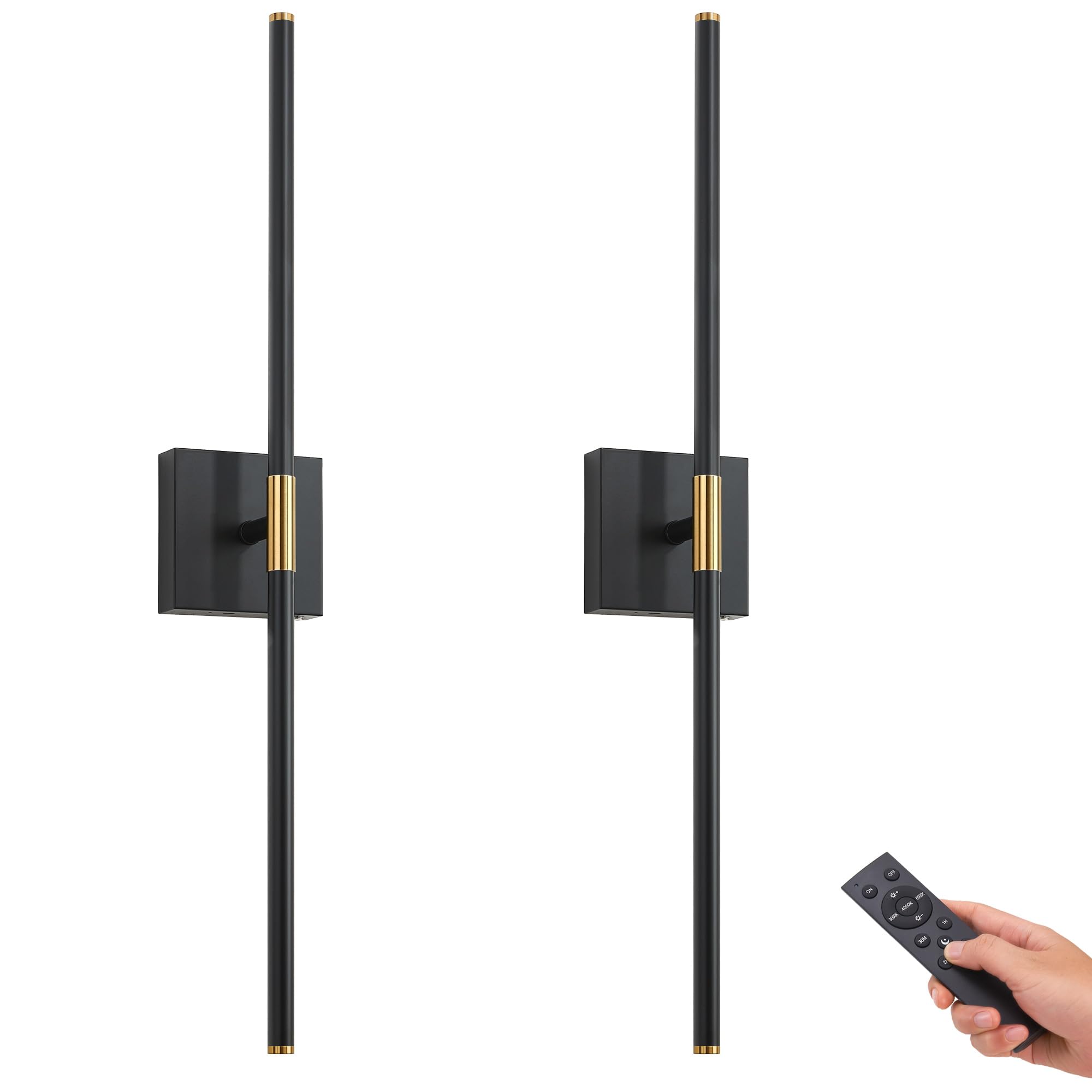 Battery Operated Black & Gold Wall Sconces Set Of 2, 30'' Wireless Rechargeable Wall Lights With Remote Control, 3000K-6000K Ste