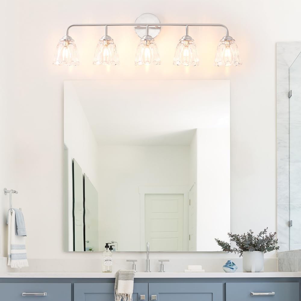Vintage Vanity Light For Bathroom, Elegant Bathroom Vanity Light With Flower Glass Shade, Brushed Nickel 5-Light Bathroom Lighti