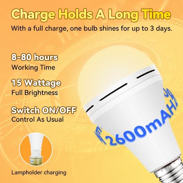 Neporal Rechargeable Light Bulbs, 2600mAh, Warm White, E26/E27, Model QP-15W, 6 Pack, Ideal for Emergency Power Failures